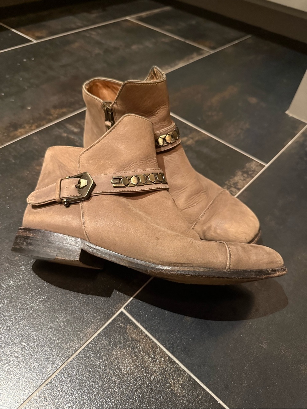 Modern Vintage Virginia Asfalto Tan Leather Ankle Boots with Studded Strap